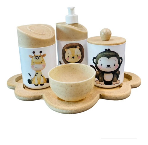 Kit Higiene Baby (leão, Macaco, Girafa) C/bandeja Nuvem Crua Leão, Macaco, Girafa - Tampa: Madeira, Nuvem Crua
