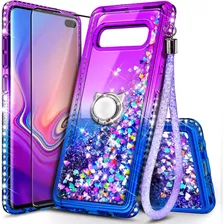 Funda Rosa Azul Brillos Anillo + Protector Para Galaxy S10