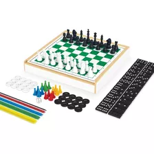 Conjunto Kit De Jogos 6 Em 1 - Xadrez, Ludo, Damas, Trilha, Pega Varetas E Dominó) Com Estojo Mdf Deluxe Junges