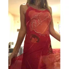 Vestido De Fiesta Rojo Transparente Bordado A Mano