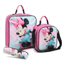 Kit Mochila Escolar Minnie Lancheira Térmica + Estojo