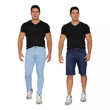 Kit Calça E Bermuda Masculina Clara E Escura Slim Com Laycra