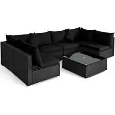 Juego De Muebles Sofa De Rattan Exterior Patio Negro 7 Pz