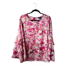 Blusa Floral Rosa Manga Trompeta Liz Claiborne Talla Xl