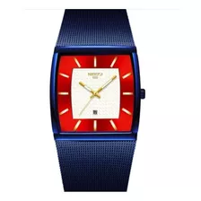 Reloj De Pulsera Nibosi Ni2376 De Cuerpo Color Azul, Analógico, Para Hombre, Fondo Blanco, Con Correa De Acero Inoxidable Color Azul, Agujas Color Dorado Y Blanco, Dial Dorado, Bisel Color Rojo Y Desp