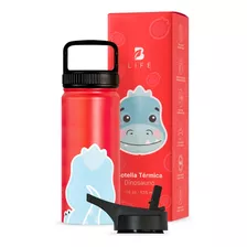 Termo De Agua Para Niños 18oz Con Popote Y Asa, B Life Dinosaurio