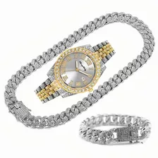 Reloj Iced Out Para Hombre, Brazalete Cubano Con Cadenas De