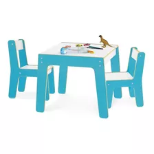 Mesa Mesinha Infantil C/ 2 Cadeiras Em Madeira Azul Junges