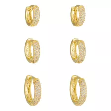 Trio Brincos De Argola Microzircônias Semijoia Banhada