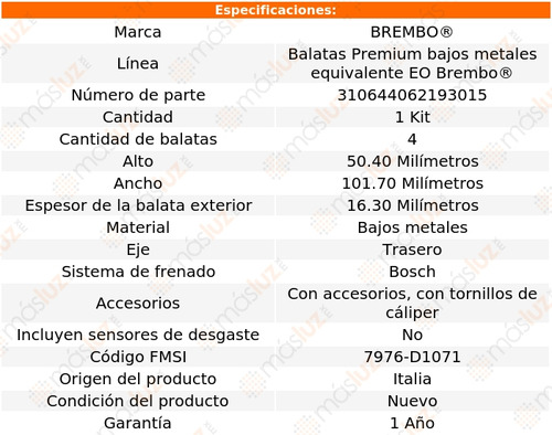 Balatas Bajos Metales Tra Ford Taurus 08/09 Brembo Foto 4