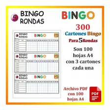 300 Cartones Bingo De 5 Rondas 3 Cartones Por Hoja 100 Hojas