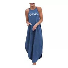 Vestido Feminino Solto Plus Size Jeans Sem Mangas, Gola Alta