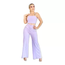 Pantalón Corte Campana Con Blusa Tirantes Cadena Elegante