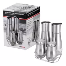 Kit Galheteiro 4 Pcs Porta Azeite Vinagre Tempero Inox Vidro