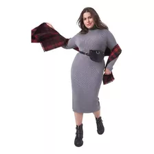 Vestido Plus Size Gola Alta Manga Longa Canelado Midi 