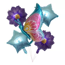 5 Balão Metalizado Borboleta Azul Jardim + Flor + Estrela