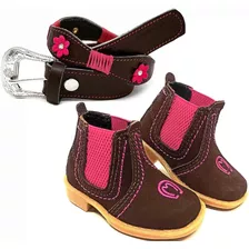 Kit Bota Botina Infantil Mm Rosa Menina + Cinto Couro Flor