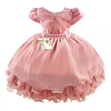Vestido Princesa Luxo Rose Festa Infantil Menina 1 A 3 Anos