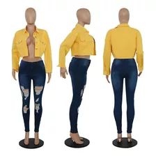 Jaqueta Jeans Feminina F De Manga Comprida Rasgada Cowboy Bo