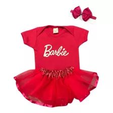 Body Temático Infantil Bebê - Boneca Barbie Com Tule E Laço