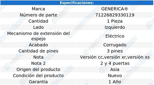 Espejo Izq Elect Corrug 3 Pines Peugeot 206 01-09 Generica Foto 2