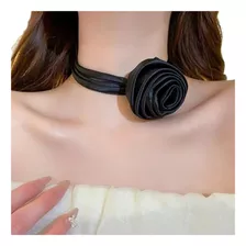 Choker De Flor Rosa Gargantilha Elegante De Tecido Preto