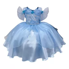 Vestido Infantil Azul C/ Renda Cinto Pérolas