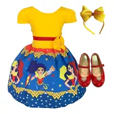 Vestido Infantil Mulher Maravilha C/ Manga+ Sapatilha+ Tiara