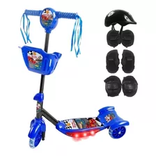 Patinete 3 Rodas Azul Led C/ Kit Proteção - Dm Toys