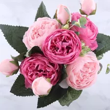 Ramo De Flores Artificiales De Peonía Rosa Para Decoración 