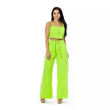 Conjunto Feminino Jeans Calça Pantalona Wide Leg E Cropped 