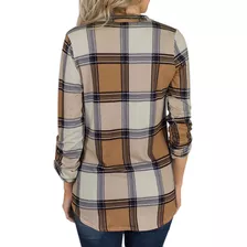 Camisas Femininas Casuais Soltas Xadrez Estampado Com Decote