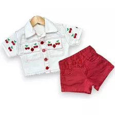 Conjunto Blusa + Short Jeans Infantil Cerejinha Menina Luxo