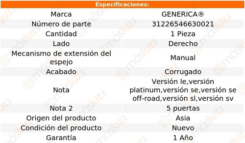 Espejo Der Man Corrug Nissan Armada 04/15 Generica Foto 2