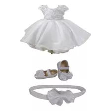 Vestido Bebe Menina Batizado + Sapato + Laço De Cabelo