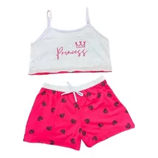 Pijama Baby Doll Cropped Camiseta Branca Princess Short Rosa