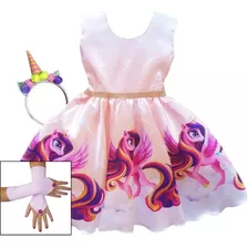 Vestido Unicórnio Super Luxo Festa Infantil Tiara Luvas 4/16