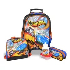 Kit Mochila Escolar Rodinhas, Lancheira E Estojo Hot Wheels