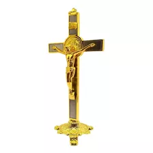 Cruz De Metal Crucifixo Mesa Parede Metal Dourada Linda 20cm