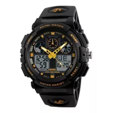 Reloj De Pulsera Skmei Análogo Digital 1270 De Cuerpo Color Negro, Analógico-digital, Para Hombre, Fondo Negro, Con Correa De Poliuretano Color Negro, Agujas Color Amarillo Y Blanco, Dial Amarillo, Su