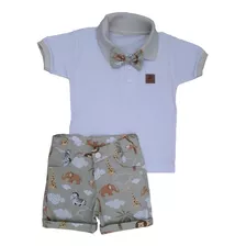 Conjunto Safari Menino Camisa Polo Infantil Gravatinha Bebê 