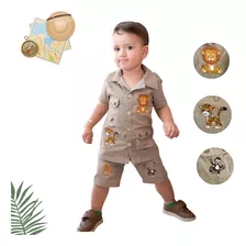 Roupa Safari Caçador Infantil Bordado Luxo Conjunto 3 Peças