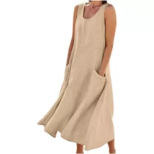 Vestido Feminino Casual Cor Sólida Sem Mangas Algodão Linho