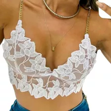 Cropped De Renda Luxo Alcinha De Corrente Com Bojo