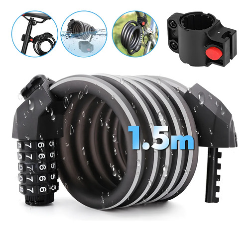 Cadeado Bicicleta Reforçado Cabo Aço Senha Impermeável 1.5m Preto