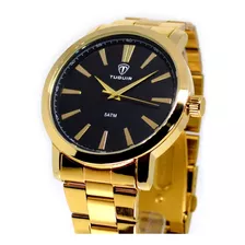 Relogio Masculino Dourado Fundo Preto Grande Analogico 