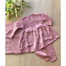 Saída Maternidade De Menina Rosa Vestido Tricô 3 Peças