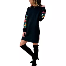 Mulheres Outono Inverno Manga Longa Bordado Floral 