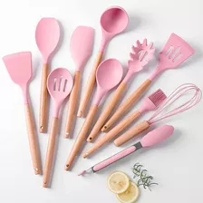 Kit C/12 Utensílios De Cozinha Silicone Cabo Madeira Cor Rosa