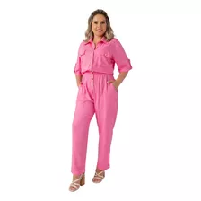 Macacão Longo Feminino Manga Curta Elegante Tendencia Leve 